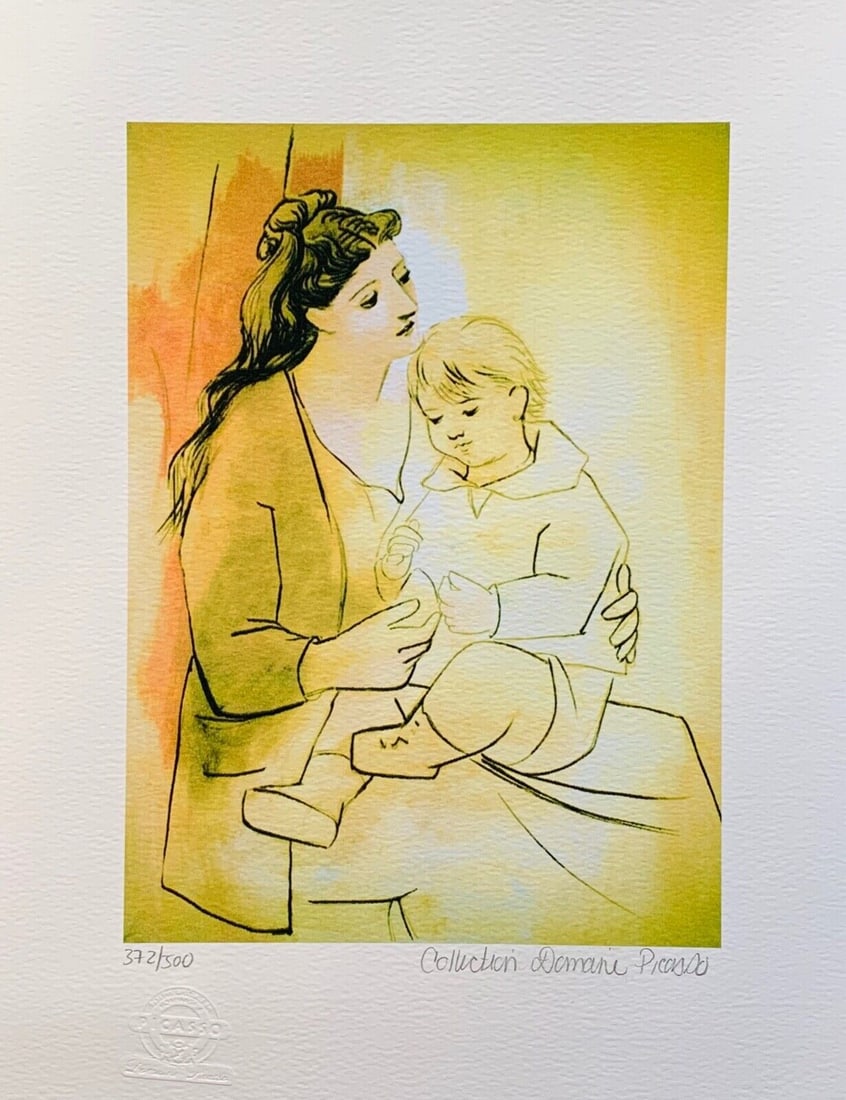 Pablo Picasso MOTHER AND SON Estate Signed Limited Edition Giclee: This is a PABLO PICASSO (ESTATE COLLECTION DOMAINE) (1881-1973) small giclee titled MOTHER AND SON. This piece is pencil signed on the lower right as Collection Domaine Picasso and has an embossed sea