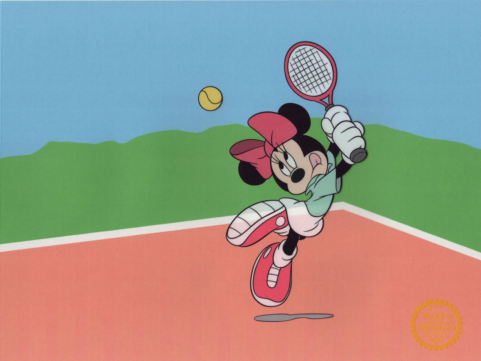 DISNEY MINNIE MOUSE TENNIS Sericel Animation Art Cel: This is a Limited Edition Serigraph Cel of Minnie Mouse playing tennis. Disneys own artists have selected this scene from the ORIGINAL animation drawings used to produce this classic Disney film. Know