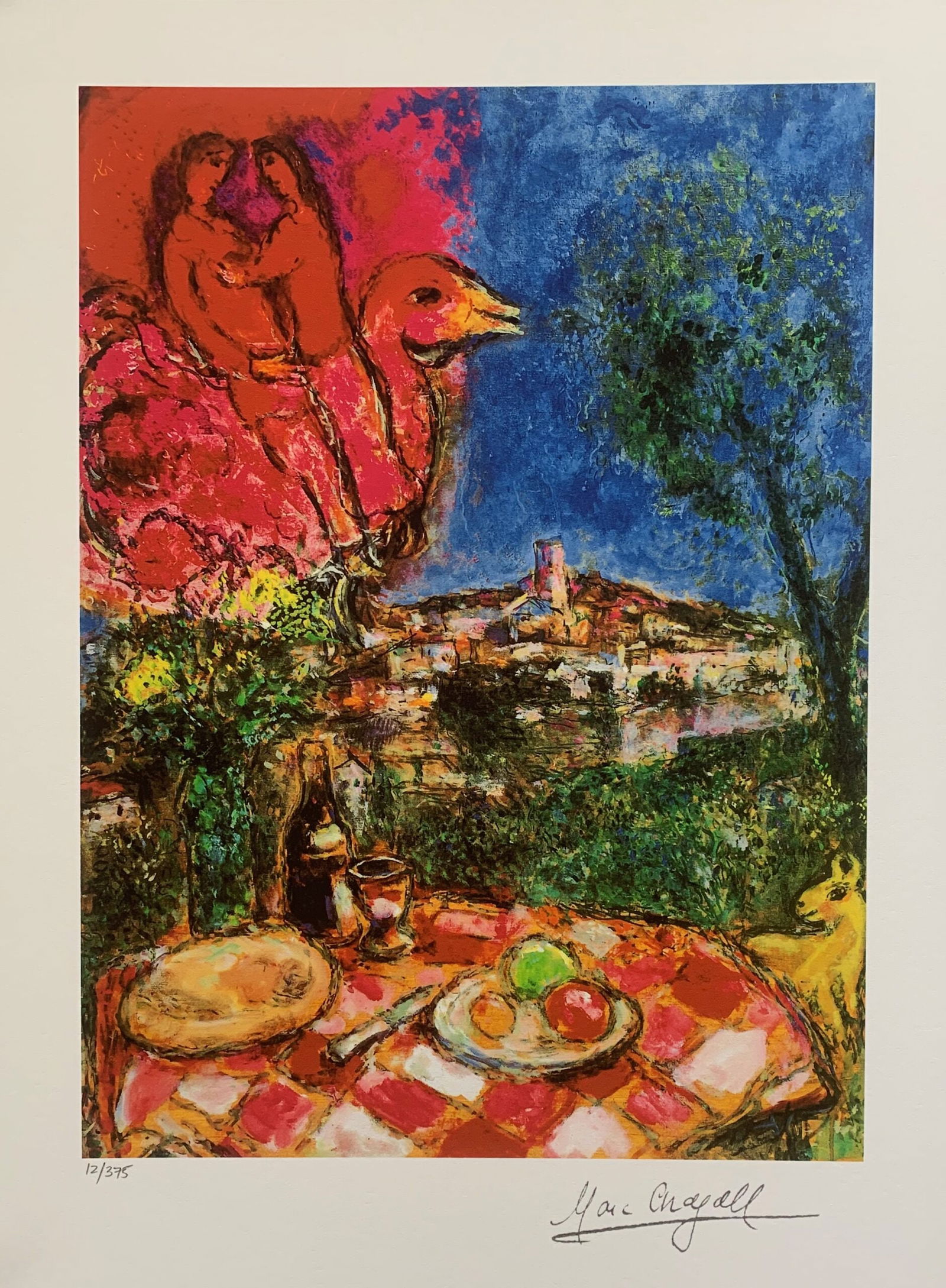 Marc Chagall LOVERS OVER CITY Limited Edition Facsimile Signed Giclee: This is a Marc Chagall limited edition small giclee titled LOVERS OVER CITY. This giclee is facsimile signed on the lower right and is pencil numbered on the lower left from an edition of 375. Paper m