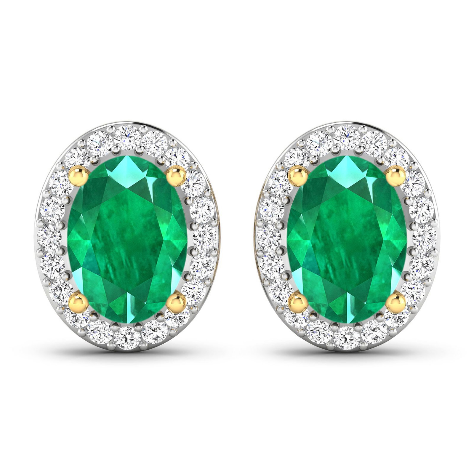 14KT Yellow Gold 1.12ctw Zambian Emerald and Diamond Earrings: Zambian Emerald (AA) Oval 7x5mm - 2Pcs + White Diamond F/C Round 1.10mm - 40Pcs (I1-I2/I color) ( Push Post ) Total weight of gemstones is 1.12cts. Total Diamond weight is 0.26cts. Total weight of the