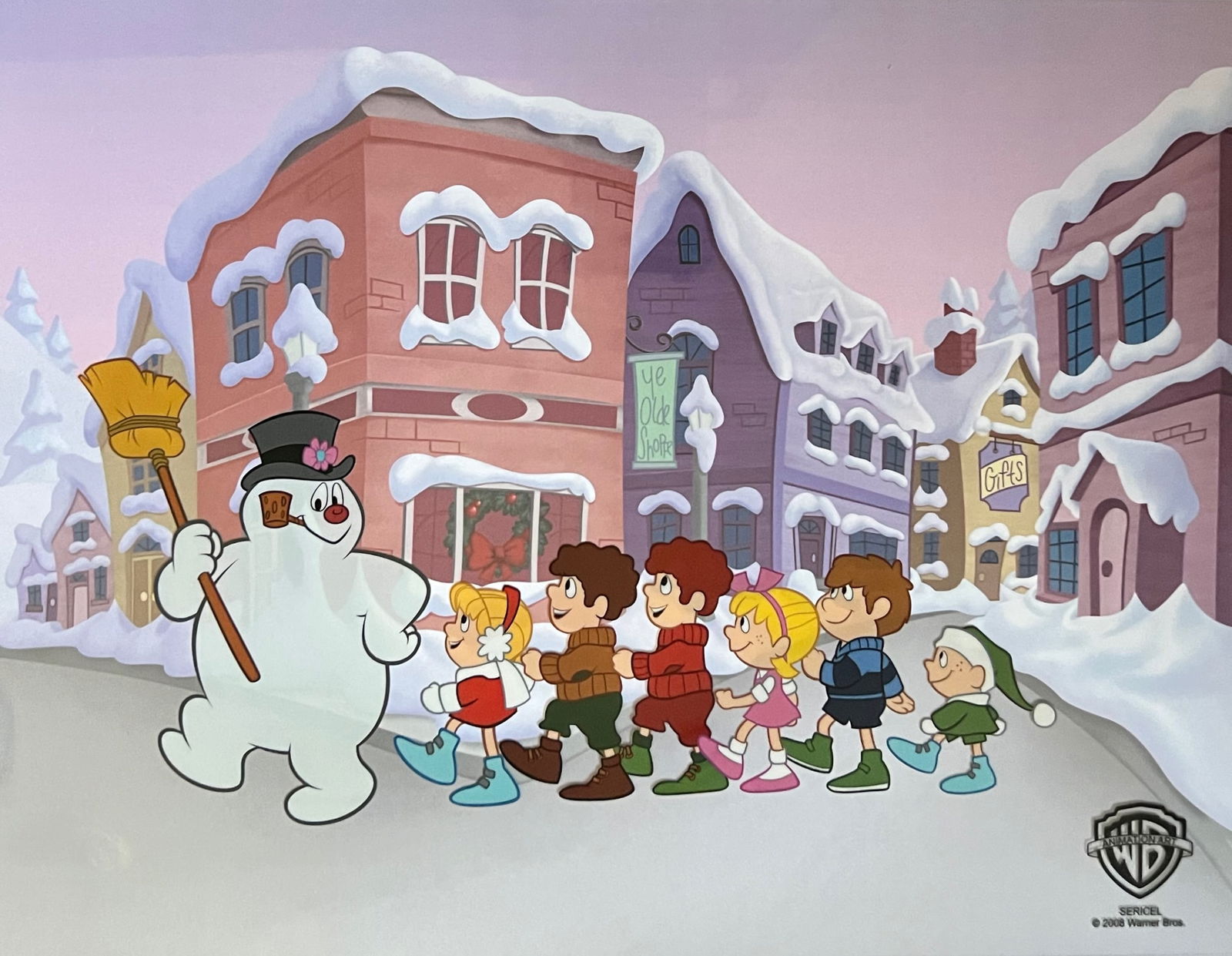 FROSTY THE SNOWMAN MARCHING Limited Edition Sericel: This is a Limited Edition Sericel from Warner Bros of Frosty the Snowman. This fantastic animation features Frosty as he appeared in the televised classic animation. This Cel measures 11 inches x 14