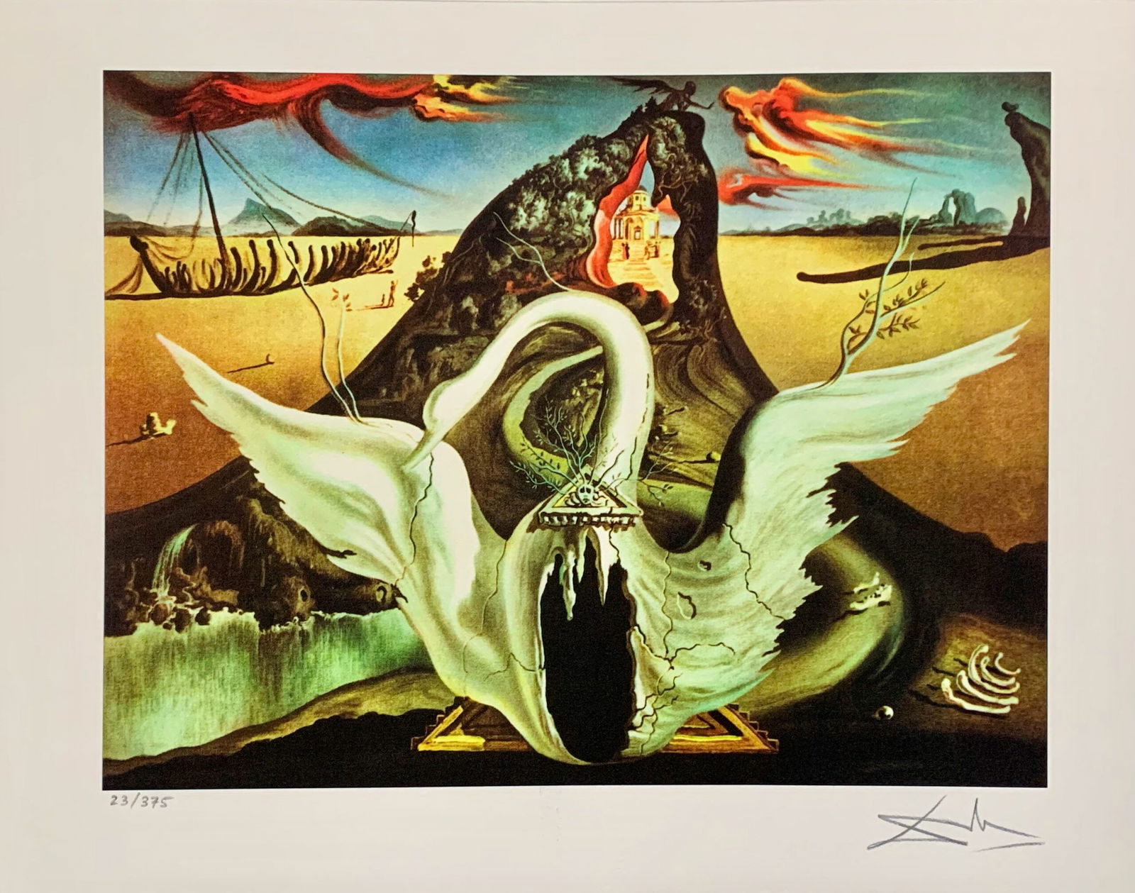 Salvador Dali BACCHANALE SWAN Facsimile Signed Limited Edition Giclee: This is a limited edition giclee titled BACCHANALE SWAN by Salvador Dali. This piece is facsimile signed on the lower right. Pencil numbered from an edition of 375. Paper measures 12 inches x 17
