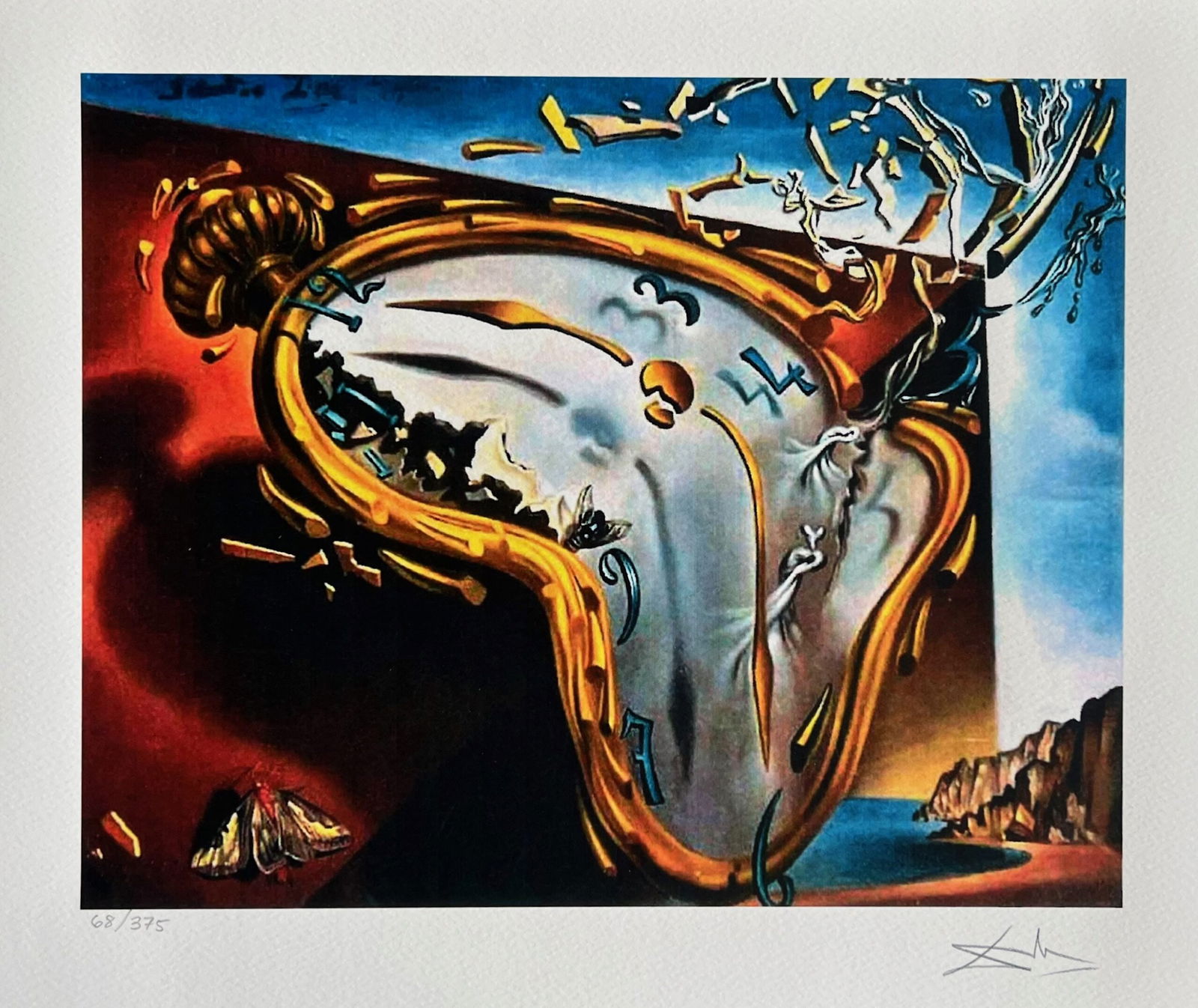 Salvador Dali SOFT WATCH EXPLOSION Facsimile Signed Numbered Giclee: This is a limited edition giclee titled Soft Watch at The Moment of First Explosion by Salvador Dali. This piece is facsimile signed on the lower right. Pencil numbered from an edition of 375. Paper m