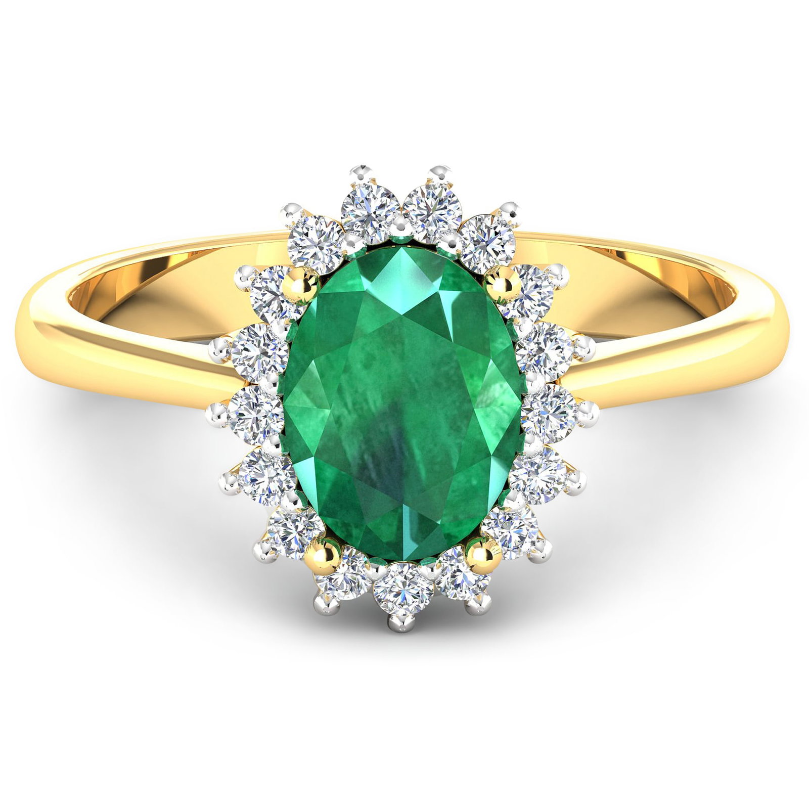 14KT Yellow Gold 1.53ct Zambian Emerald and Diamond Ring: 1 Zambian Emerald with a total weight of 1.53cts. Zambian Emerald (AA) Oval 9x7mm - 1Pc + White Diamond F/C Round 1.40mm - 20Pcs (I1-I2/I color). 0.22cts of Diamonds. Total weight of this ring is 2.53