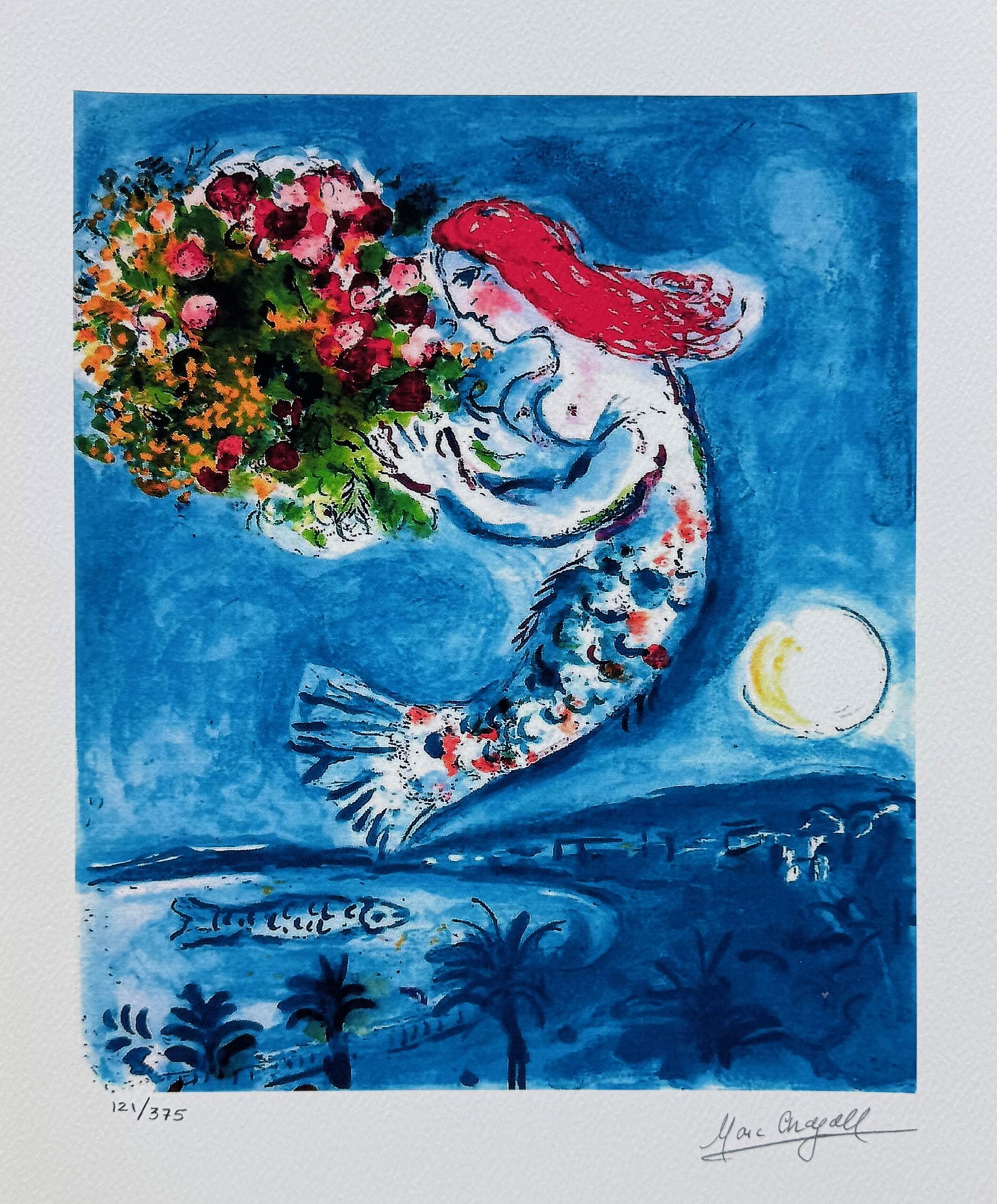 Marc Chagall BAY OF ANGELS Facsimile Signed Limited Edition Giclee: This is a Marc Chagall limited edition giclee titled BAY OF ANGELS. This giclee is facsimile signed on the lower right and is pencil numbered on the lower left from an edition of 375. Paper measures 1