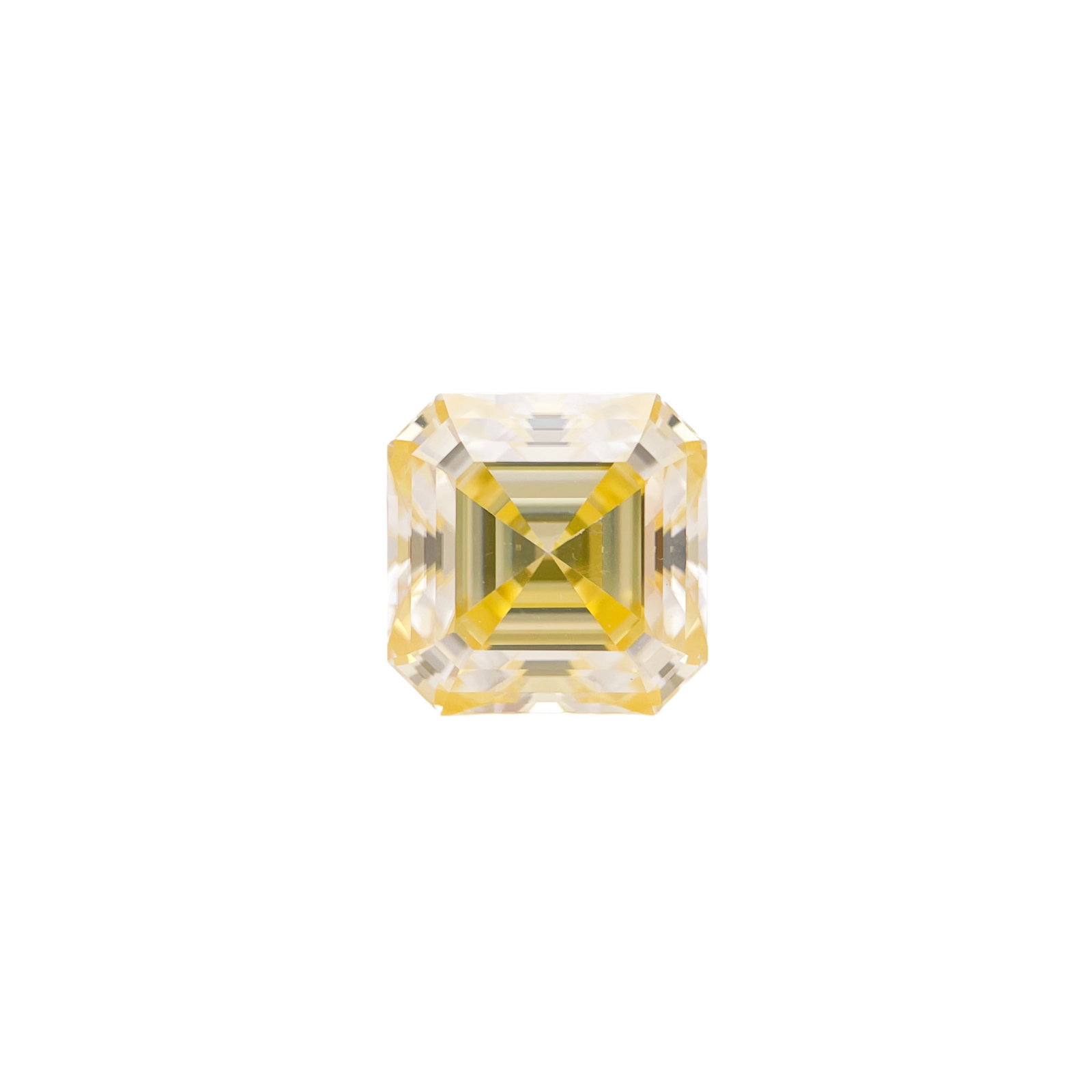 Stunning Bright Lemon Yellow 5 Ct VVs1 Fire Moissanite Solitaire: This Large 5 Ct VVs1 Moissanite Brilliant Asscher Cut Measures 10x10 mm. It is eye clean and bursting out with a full spectrum of colors. With a refractive index of 2.65-2.69, this Fire Moissanite exh