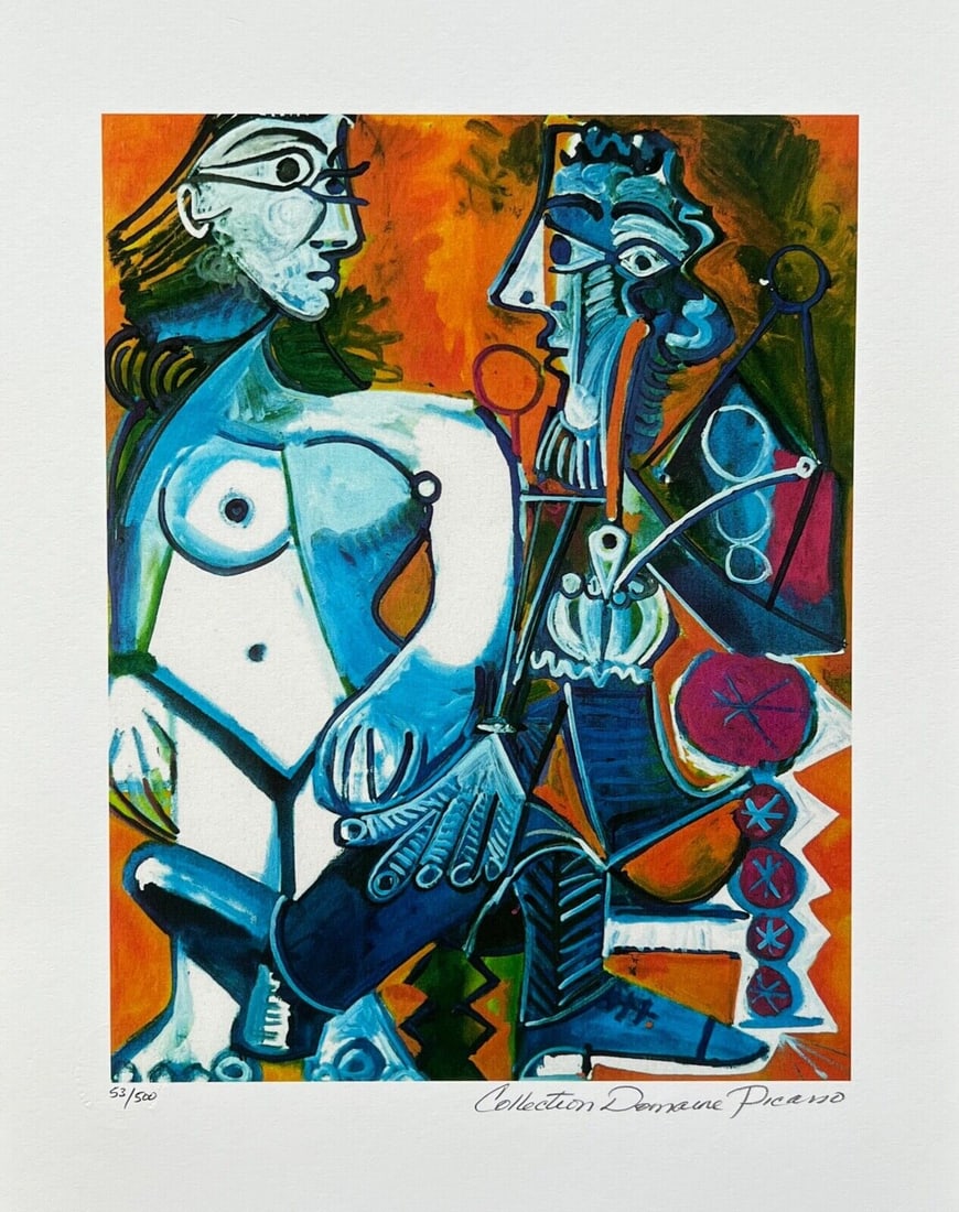 Pablo Picasso MAN WITH NUDE WOMAN Estate Signed Limited Edition Giclee: This is a PABLO PICASSO (ESTATE COLLECTION DOMAINE) (1881-1973) giclee titled MAN WITH NUDE WOMAN. This piece is hand pencil signed on the lower right as Collection Domaine Picasso and has an embossed