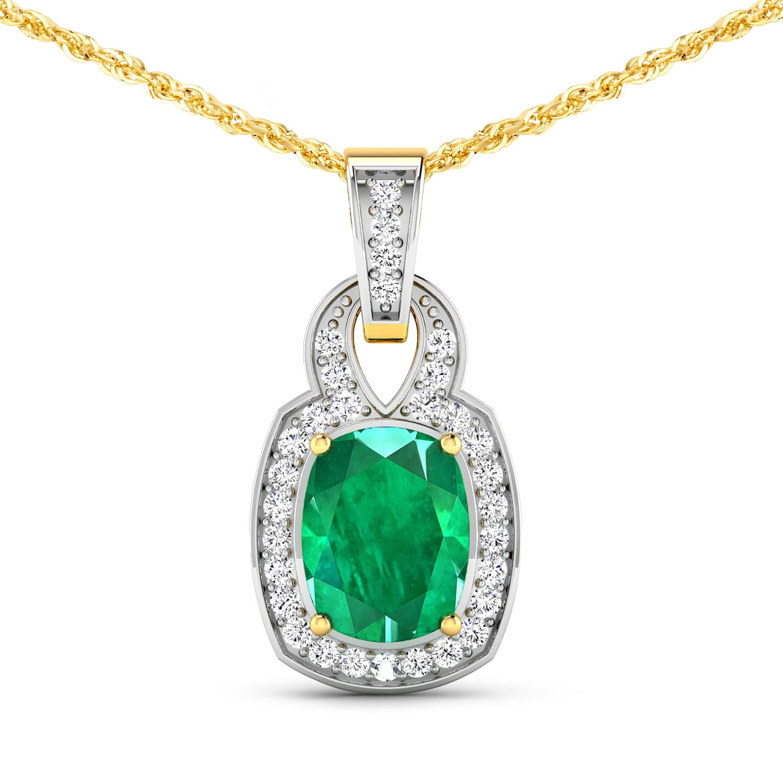 14KT Yellow Gold 1.74ctw Zambian Emerald and Diamond Pendant: Zambian Emerald (AA) Cushion 9x7mm - 1Pc + White Diamond F/C Round 1.20mm - 31Pcs ( White Pan Rhodium ) ( SI2/HI color ) Total weight of gemstone is 1.74cts. Total Diamond weight is 0.25cts. Total wei