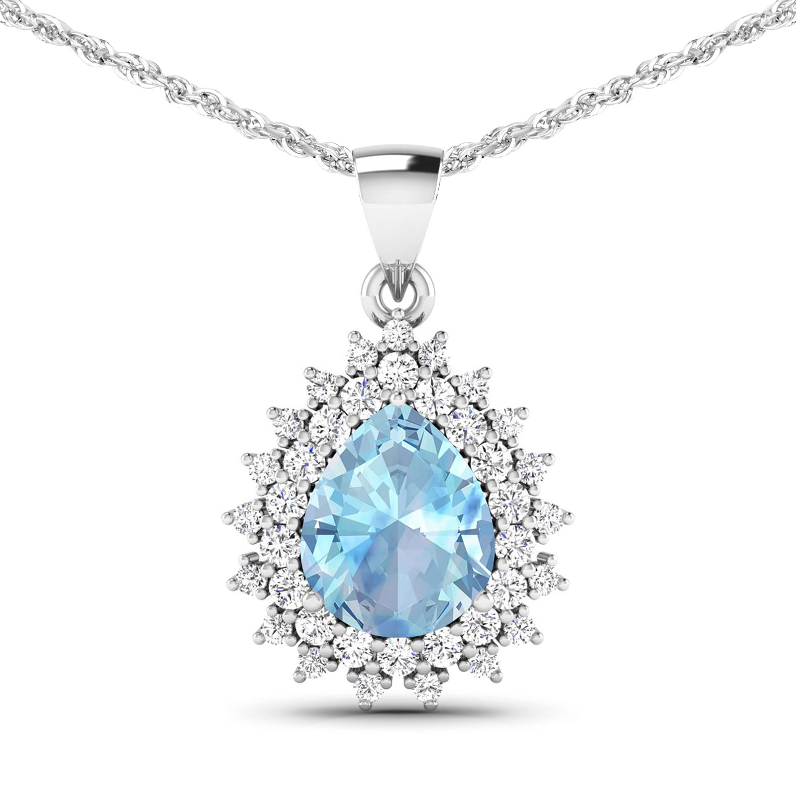 14KT White Gold 2.3ctw Aquamarine and Diamond Pendant: Aquamarine Pears 11x9mm - 1Pc + White Diamond F/C Round 2.00mm - 18Pcs + White Diamond F/C Round 1.50mm - 19Pcs ( Diamond Quality : SI-2/HI ) Total weight of gemstone is 2.3cts. Total Diamond weight