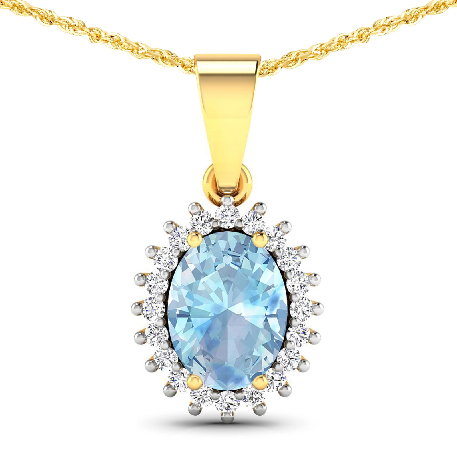 14KT Yellow Gold 1.05ctw Aquamarine and Diamond Pendant: Aquamarine Oval 8x6mm - 1Pc + White Diamond F/C Round 1.10mm - 20Pcs (I1-I2/I color) Total weight of gemstone is 1.05cts. Total Diamond weight is 0.13cts. Total weight of this pendant is 1.69 grams.