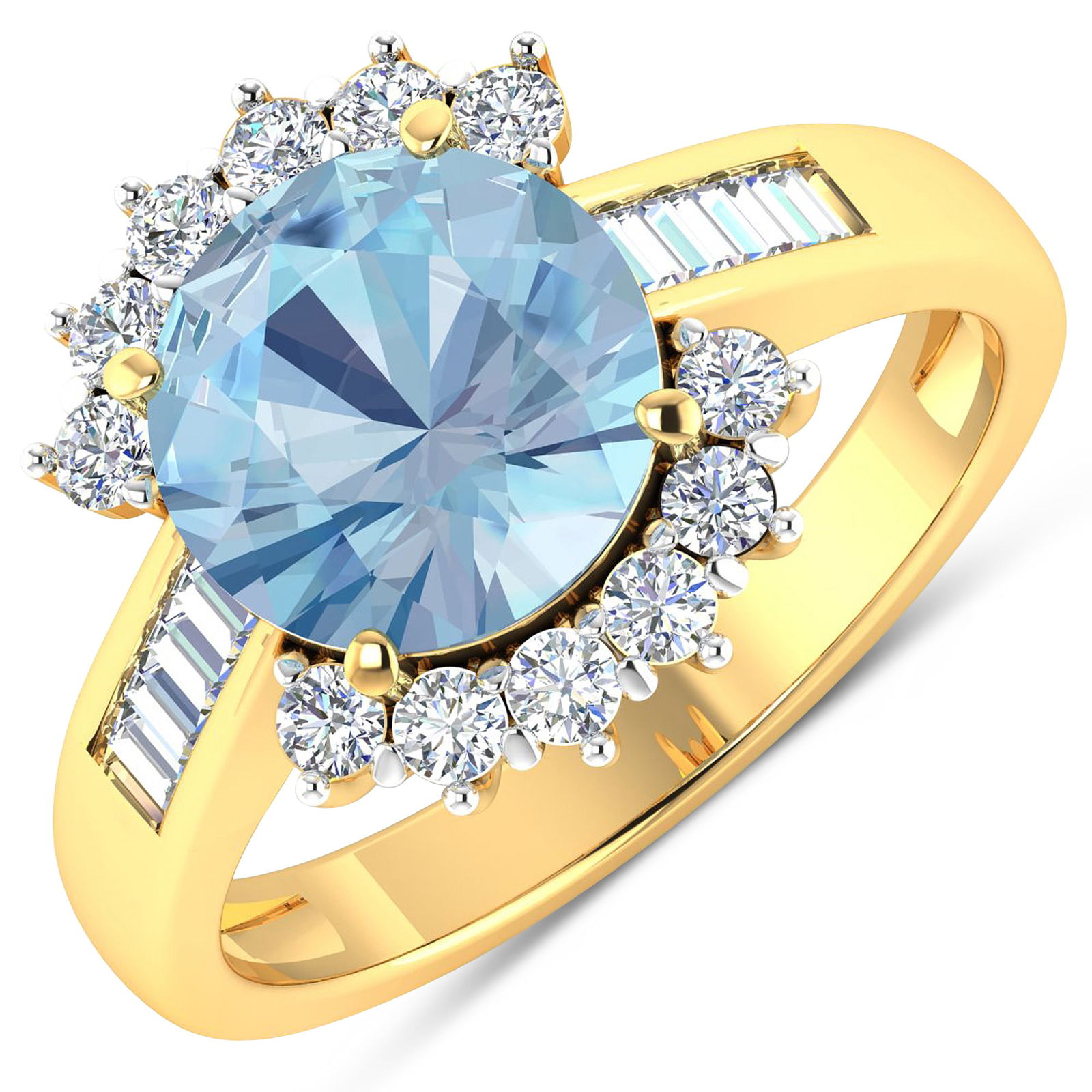 14KT Yellow Gold 2.75ct Aquamarine and Diamond Ring: Aquamarine (AA+) Round 9.00mm - 1Pc + White Diamond Baguette 2.00x1.50mm - 8Pcs + White Diamond F/C Round 2.00mm - 12Pcs ( White Pan Rhodium ) ( Diamond Quality : SI-2/HI ). Total weight of gemstone i