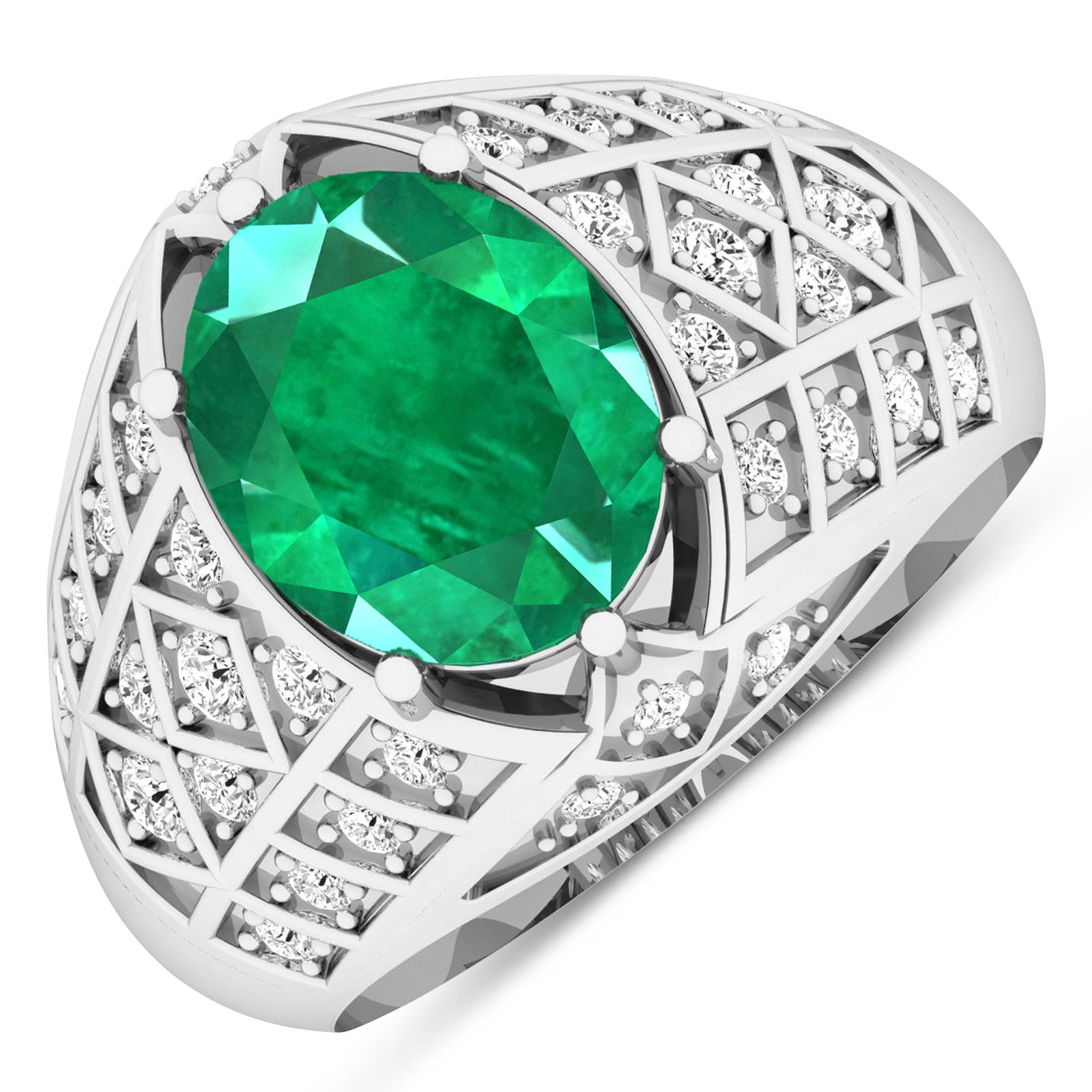 14KT White Gold 2.03ctw Zambian Emerald and Diamond Ring: Zambian Emerald (AA) Oval 10x8mm - 1Pc + White Diamond F/C Round 1.80mm - 4Pcs + White Diamond F/C Round 1.50mm - 8Pcs + White Diamond F/C Round 1.30mm - 16Pcs + White Diamond F/C Round 1.20mm - 6Pcs
