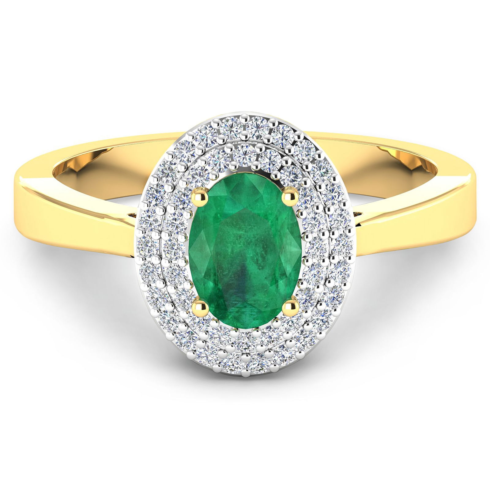 14KT Yellow Gold 0.70ct Zambian Emerald and Diamond Ring: Zambian Emerald (AA) Oval 7x5mm - 1Pc + White Diamond F/C Round 0.90mm - 46Pcs ( White Pan Rhodium ) (I1-I2/I color). Total weight of gemstone is 0.7cts. Total weight of Diamonds is 0.16cts. Total