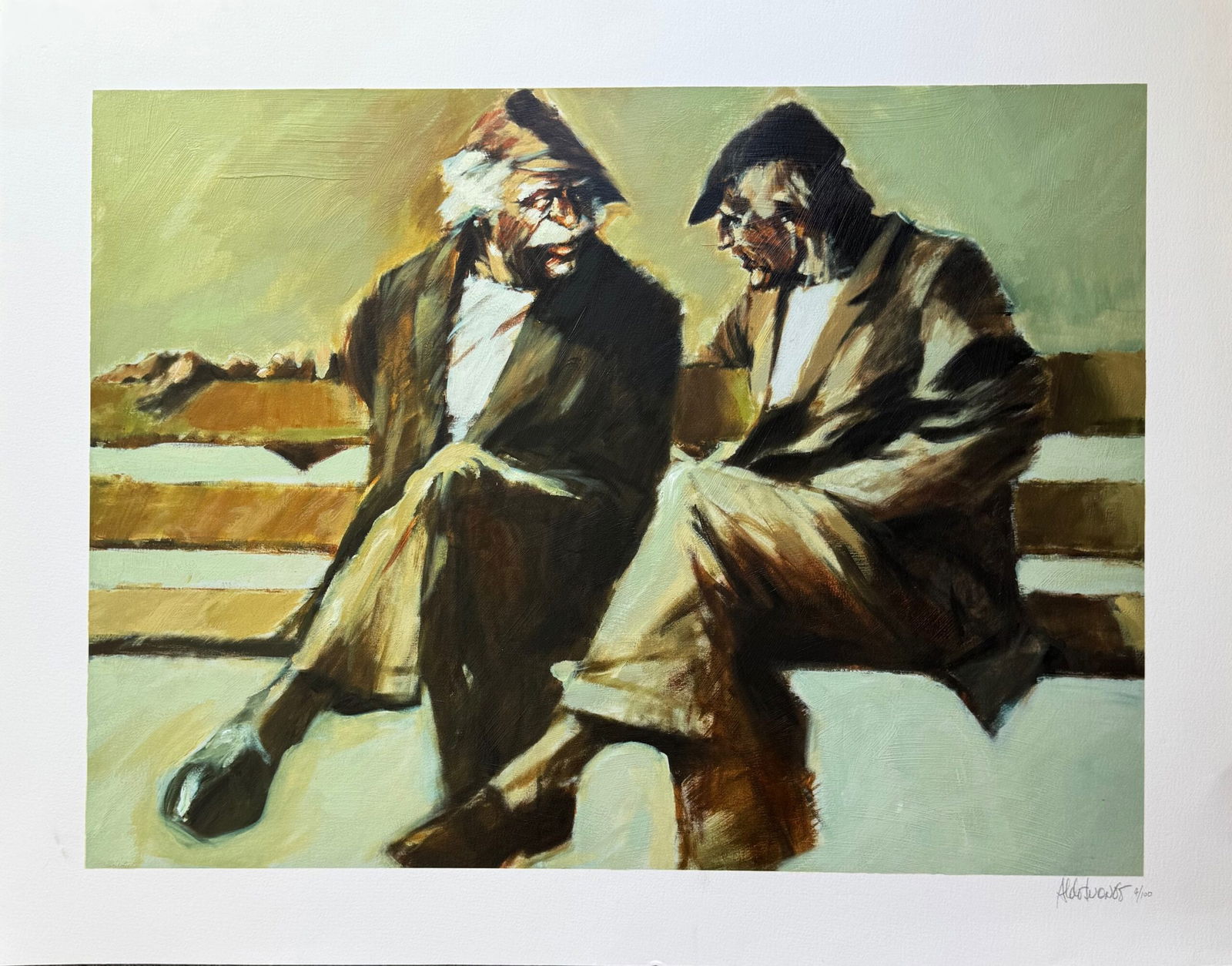 Aldo Luongo TELLING STORIES Hand Signed Limited Edition Serigraph Art: This is a hand signed serigraph by Aldo Luongo titled Telling Stories on a Park Bench. This image features The Hawk a figure based on his father, representing the balance between memory, sorrow, and