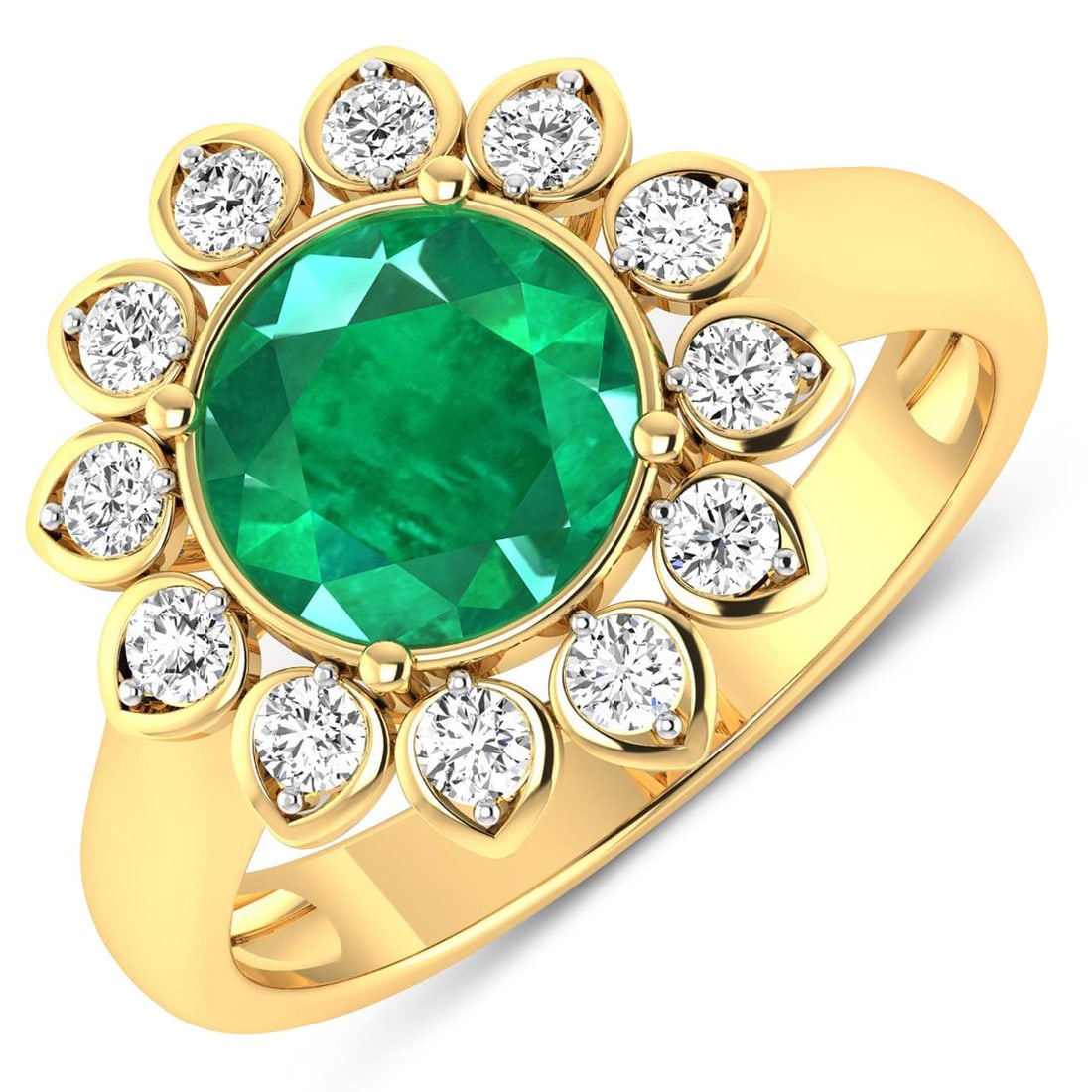 14KT Yellow Gold 1.8ctw Zambian Emerald and Diamond Ring: Zambian Emerald (AA) Round 8.00mm - 1Pc + White Diamond F/C Round 2.00mm - 12Pcs ( White Pan Rhodium ) ( SI-2/HI ) Total weight of gemstone is 1.8cts. Total Diamond weight is 0.36cts. Total weight of