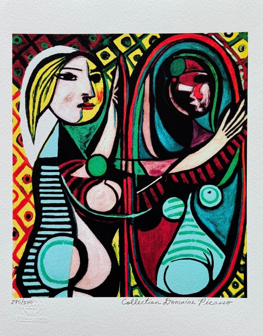 Pablo Picasso GIRL BEFORE A MIRROR Estate Signed Limited Edition Giclee: This is a PABLO PICASSO (ESTATE COLLECTION DOMAINE) (1881-1973) small giclee titled GIRL BEFORE A MIRROR. This piece is pencil signed on the lower right as Collection Domaine Picasso and has an emboss