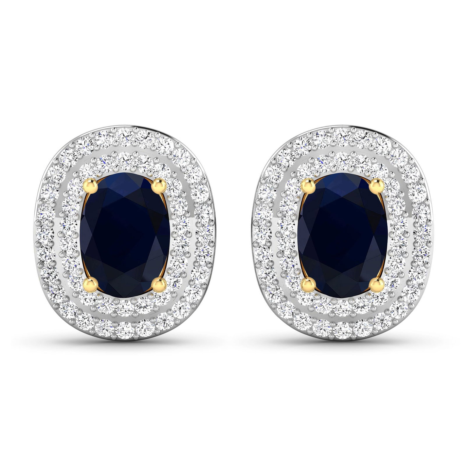 14KT Yellow Gold 1.5ctw Blue Sapphire and Diamond Earrings: Blue Sapphire (AA) Oval 7x5mm - 2Pcs + White Diamond F/C Round 1.00mm - 100Pcs ( White Pan Rhodium ) (I1-I2/I color) ( Push Post ) Total weight of gemstones is 1.5cts. Total Diamond weight is 0.45cts.