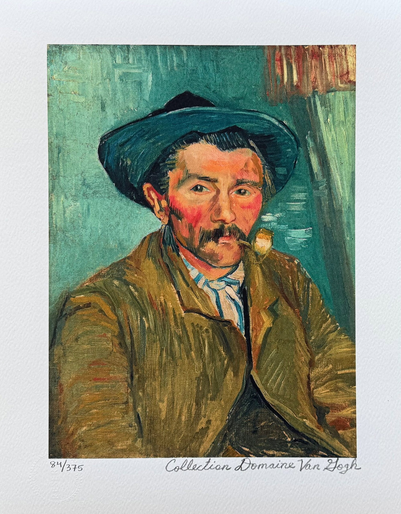 Vincent Van Gogh THE SMOKER Estate Signed Limited Edition Giclee: This is a VINCENT VAN GOGH (ESTATE COLLECTION DOMAINE) reproduction giclee titled The Smoker. This piece is pencil signed on the lower right as Collection Domaine Van Gogh and has an embossed seal sta