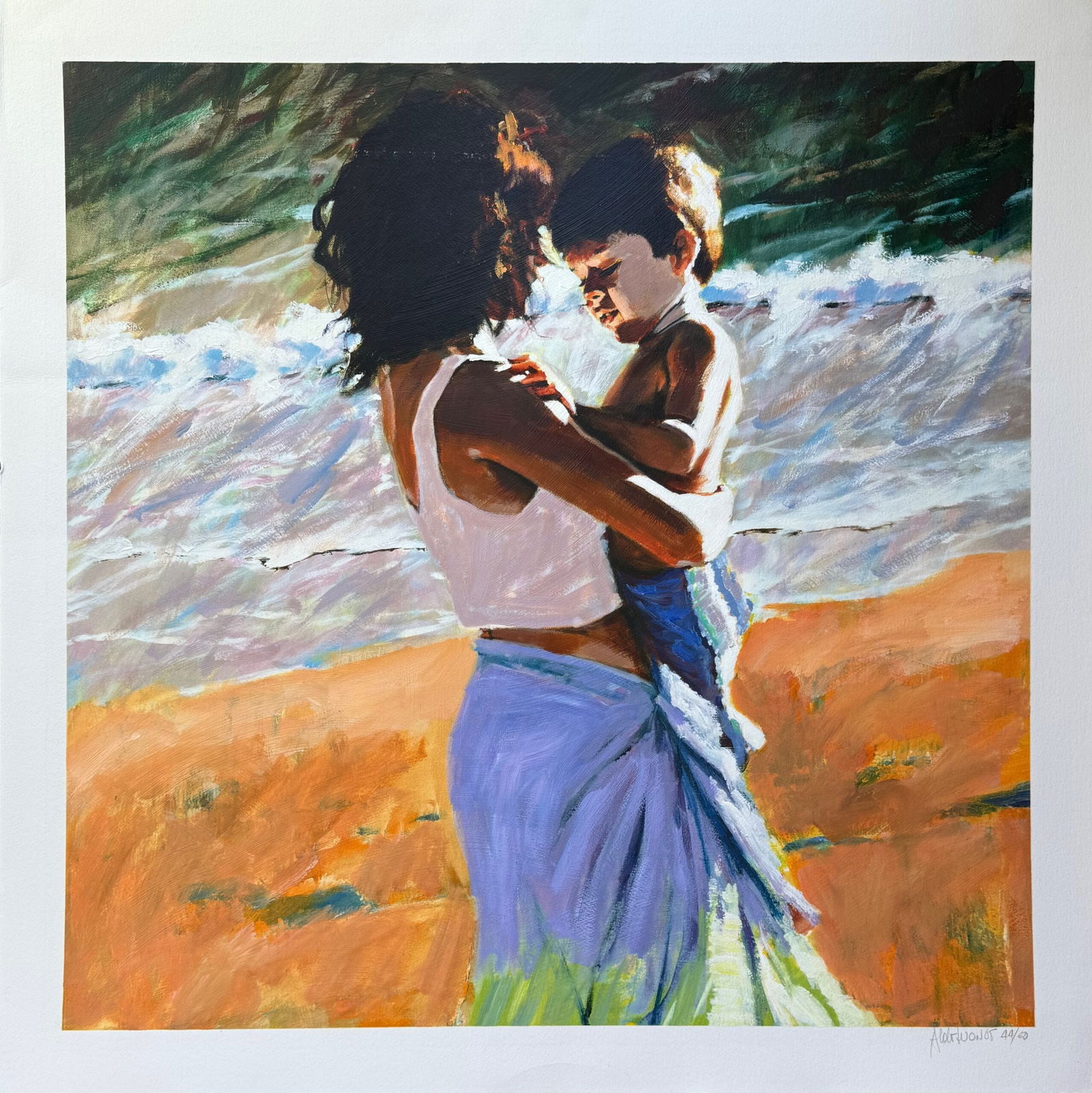 Aldo Luongo INTIMATE MOMENTS Hand Signed Limited Edition Serigraph Art: This is a hand signed serigraph by Aldo Luongo titled Intimate Moments. Beautiful art piece on BFK Rives paper. Paper measures: 34 inches x 34 inches. Image measures 30? x 30?. Hand signed and numbere