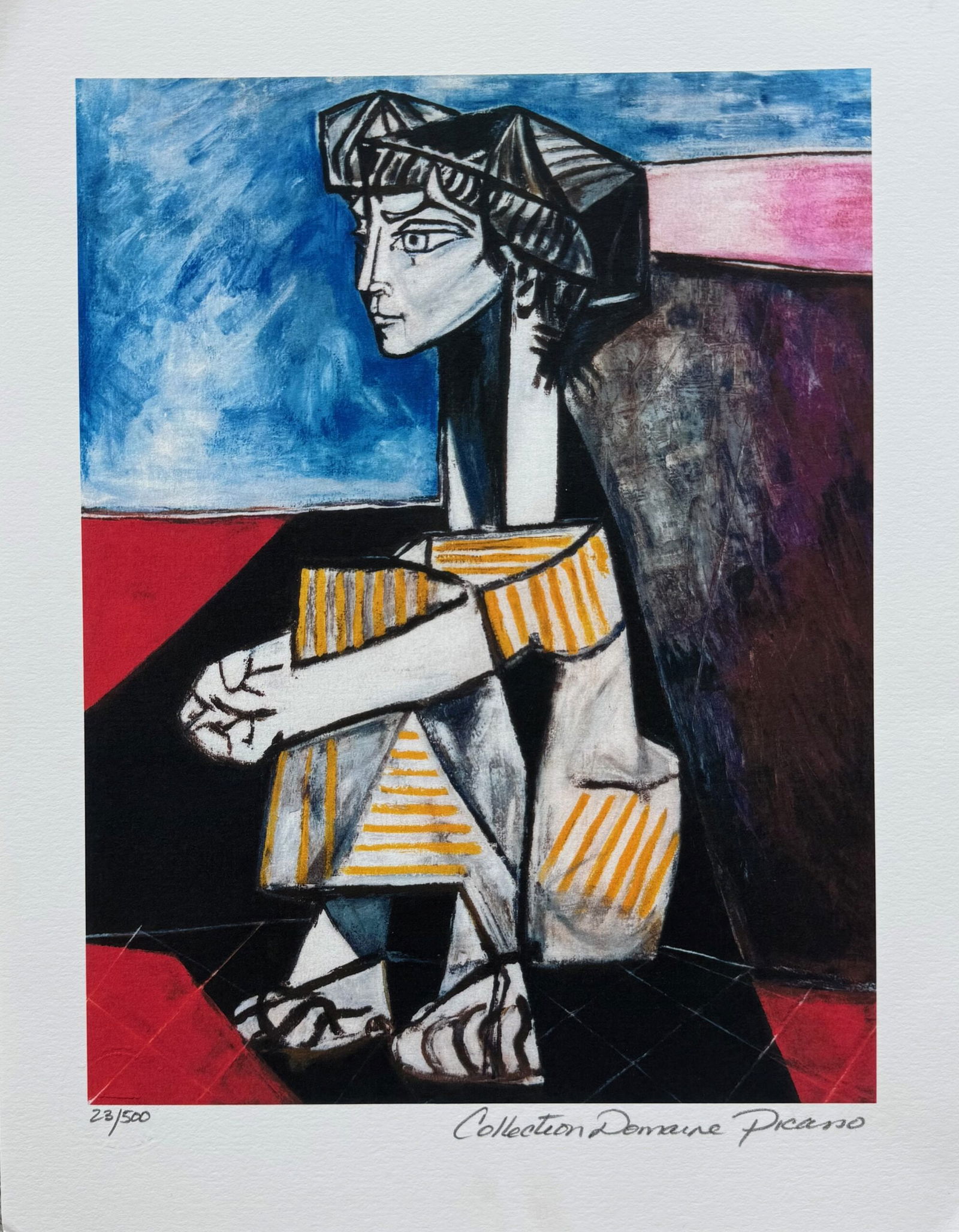 Pablo Picasso PORTRAIT OF JACQUELINE ROQUE Estate Signed Limited Edition Giclee: This is a PABLO PICASSO (ESTATE COLLECTION DOMAINE) (1881-1973) small giclee titled PORTRAIT OF JACQUELINE ROQUE. This piece is pencil signed on the lower right as Collection Domaine Picasso and has a