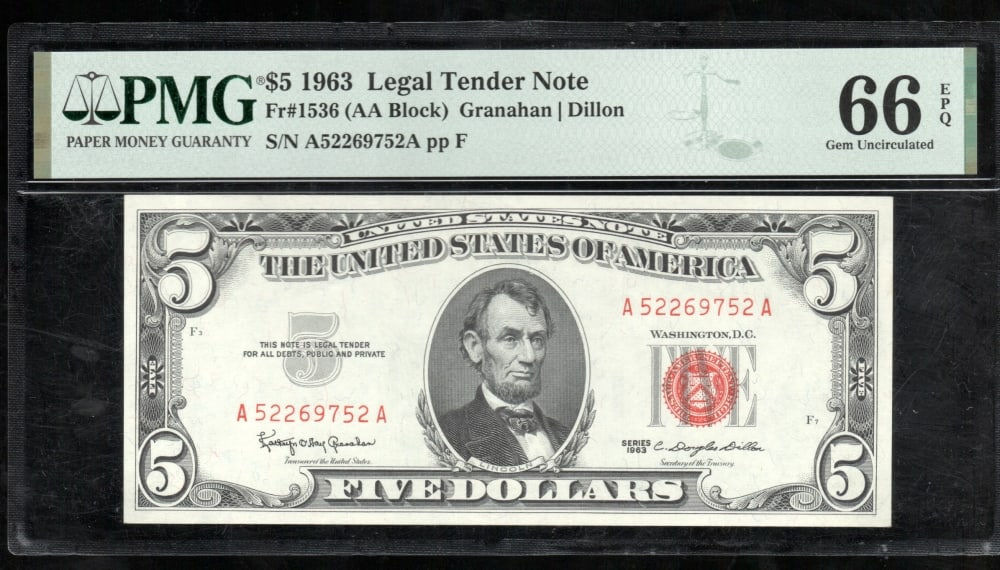 1963 $5 Legal Tender Note PMG 66EPQ: One 1963 $5 Legal Tender Note PMG 66EPQ.