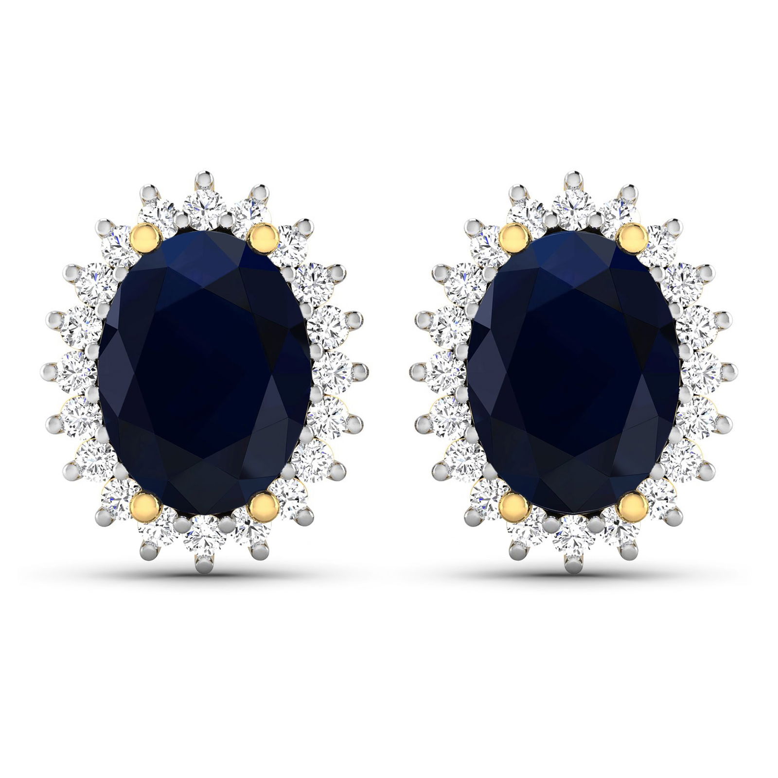 14KT Yellow Gold 2.60ctw Blue Sapphire and Diamond Earrings: (2) Blue Sapphires with a total weight of 2.60cts. (40) Diamonds with a 0.26cts. Blue Sapphire (AA) Oval 8x6mm - 2Pcs + White Diamond F/C Round 1.10mm - 40Pcs (I1-I2/I color). Total weight of these