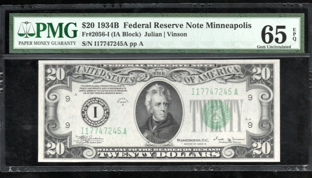 1934B $20 Minneapolis FRN PMG 65EPQ: One 1934B $20 Minneapolis FRN PMG 65EPQ.