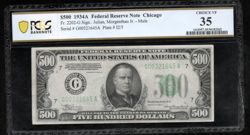 1934A $500 Chicago FRN PCGS 35: One 1934A $500 Chicago FRN PCGS 35.