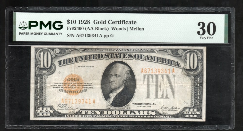 1928 $10 Gold Certificate PMG 30: One 1928 $10 Gold Certificate PMG 30.
