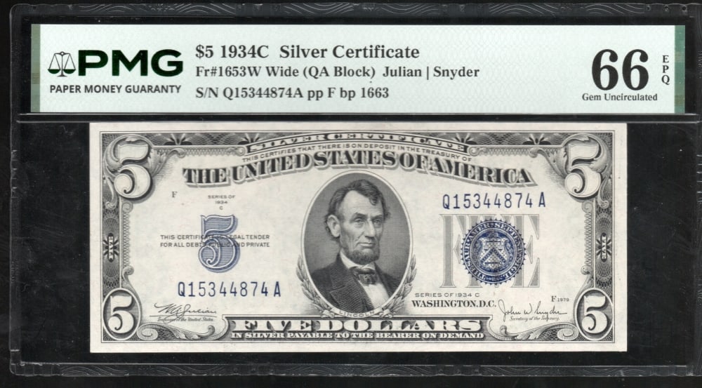 1934C $5 Silver Certificate PMG 66EPQ: One 1934C $5 Silver Certificate PMG 66EPQ.