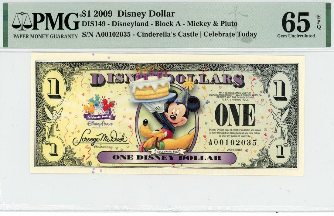 2009 $1 Mickey and Pluto Disney Dollar PMG 65EPQ: One 2009 $1 Mickey and Pluto Disney Dollar PMG 65EPQ.