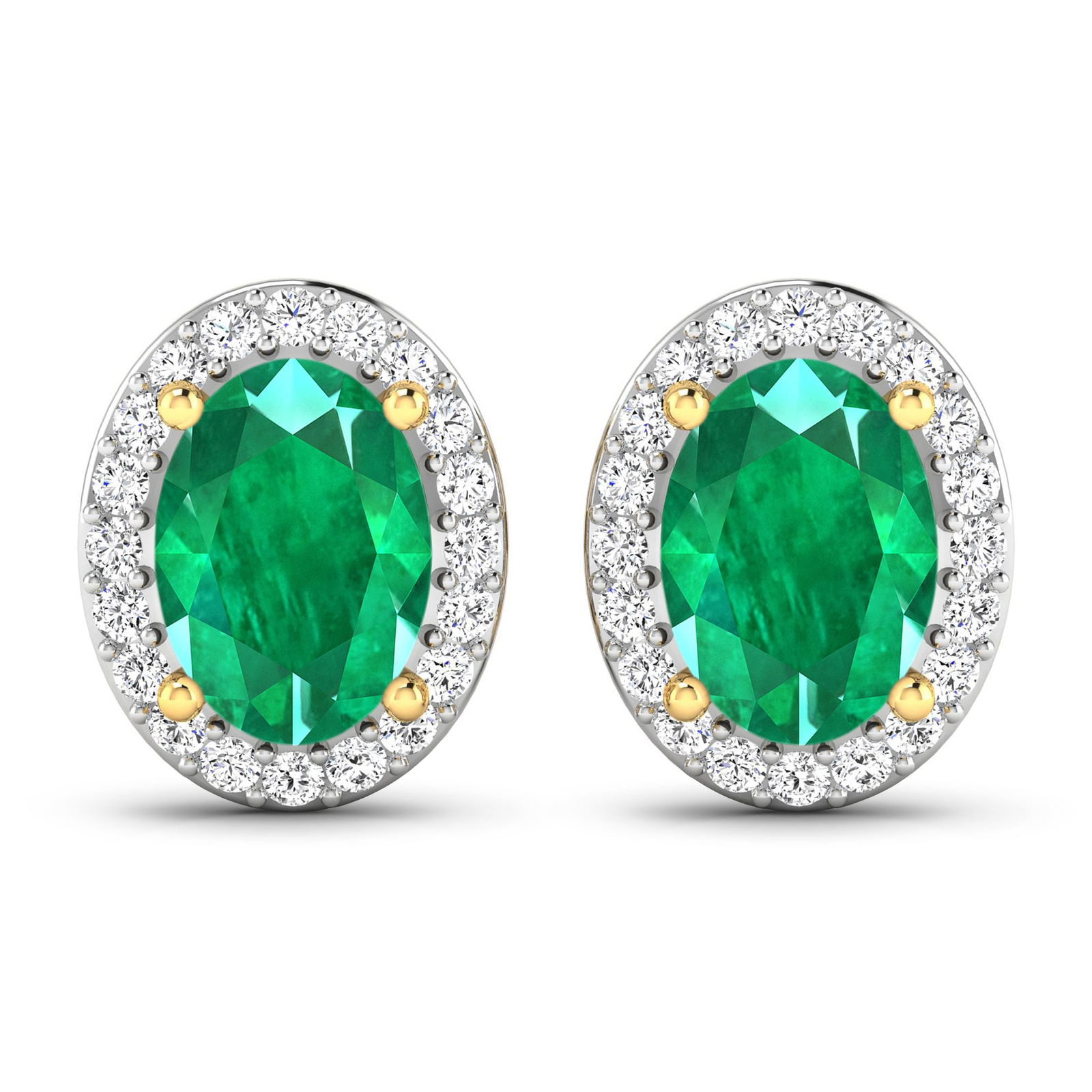 14KT Yellow Gold 1.12ctw Zambian Emerald and Diamond Earrings: Zambian Emerald (AA) Oval 7x5mm - 2Pcs + White Diamond F/C Round 1.10mm - 40Pcs (I1-I2/I color) ( Push Post ) Total weight of gemstones is 1.12cts. Total Diamond weight is 0.26cts. Total weight of