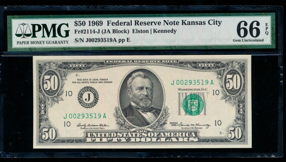 1969 $50 Kansas City FRN PMG 66EPQ: One 1969 $50 Kansas City FRN PMG 66EPQ.