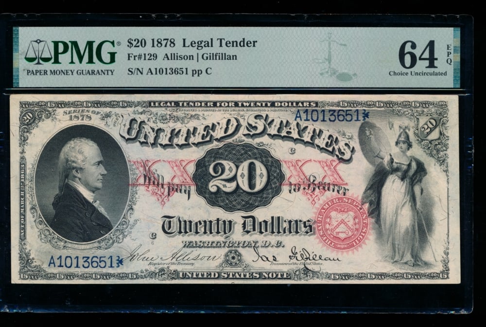 1878 $20 Legal Tender Note PMG 64EPQ: One 1878 $20 Legal Tender Note PMG 64EPQ.