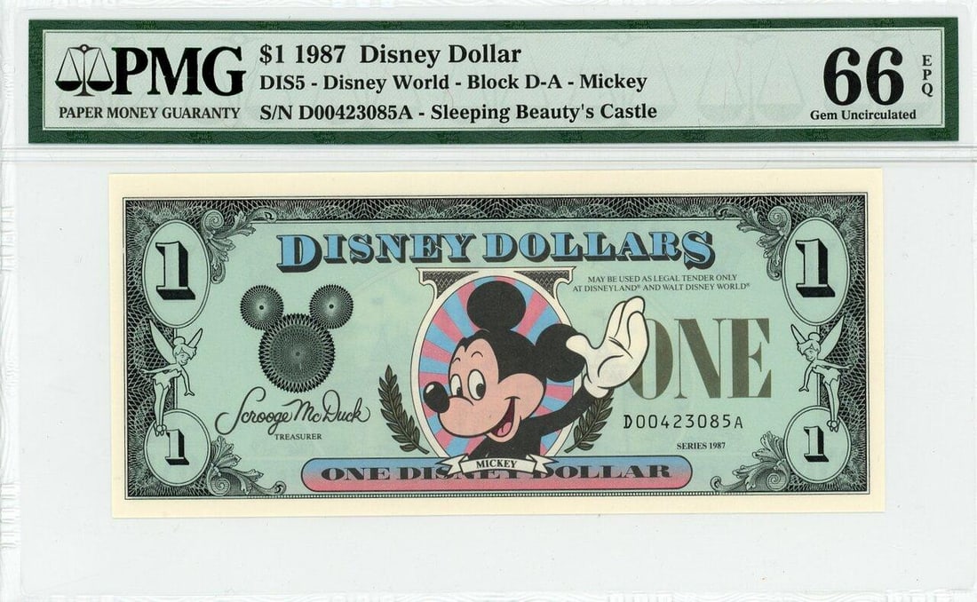 1987 $1 Mickey Disney Dollar PMG 66EPQ: One 1987 $1 Mickey Disney Dollar PMG 66EPQ.