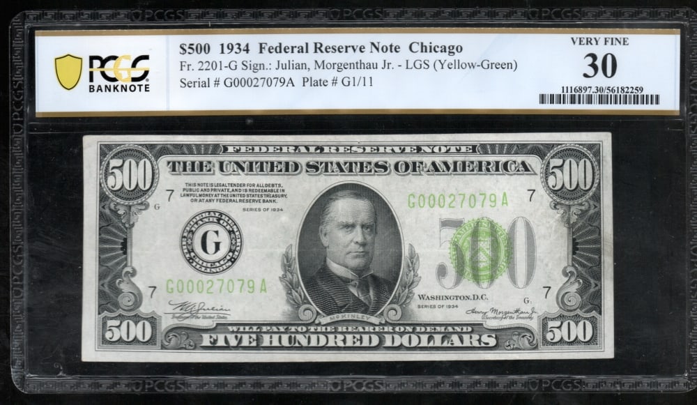 1934 $500 Chicago FRN PCGS 30: One 1934 $500 Chicago FRN PCGS 30.