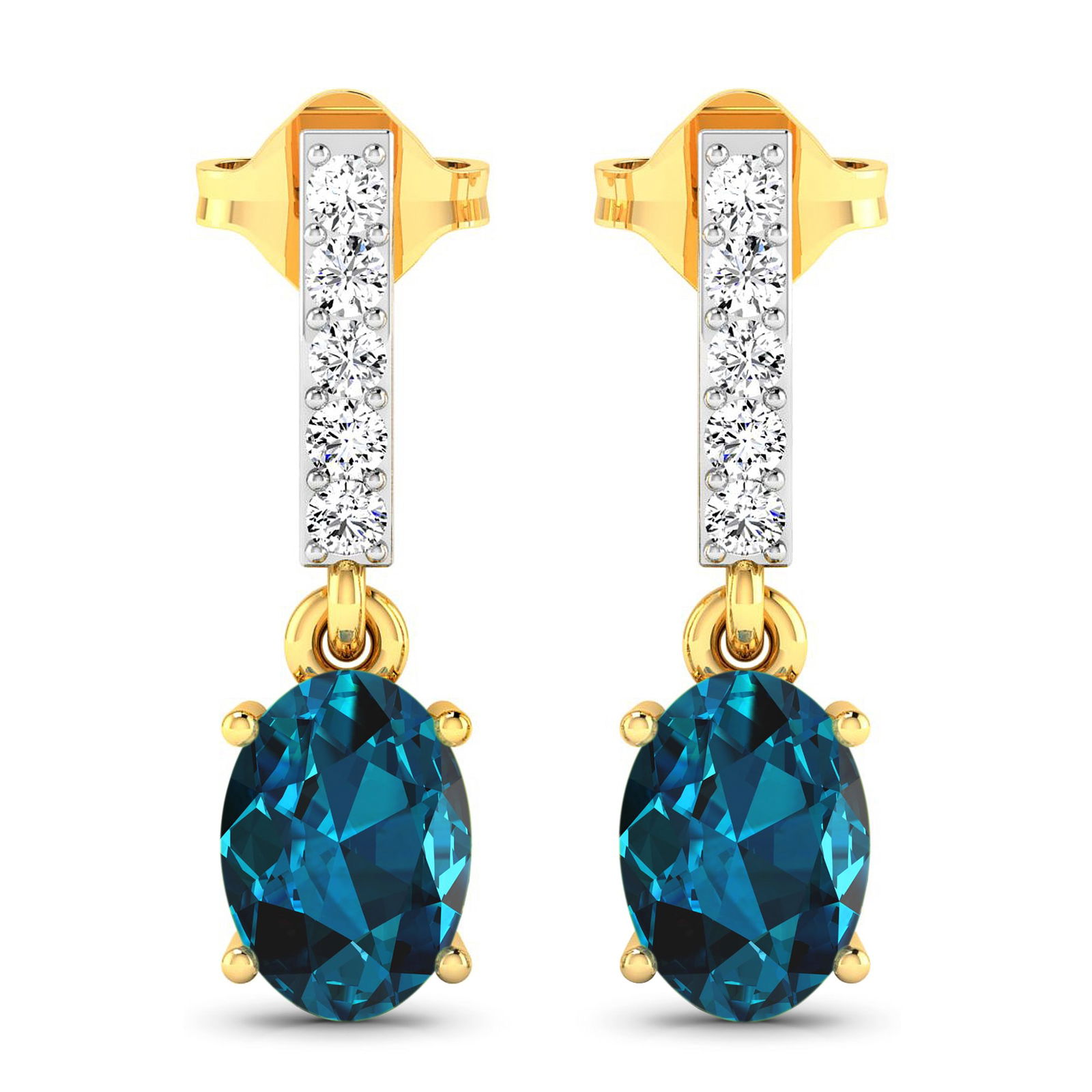 14KT Yellow Gold 1.4ctw London Blue Topaz and Diamond Earrings: London Blue Topaz Oval 7x5mm - 2Pcs + White Diamond F/C Round 1.50mm - 10Pcs ( Push-Post ) ( White Pan Rhodium ) (I1-I2/I color) Total weight of gemstones is 1.4cts. Total Diamond weight is 0.14cts.