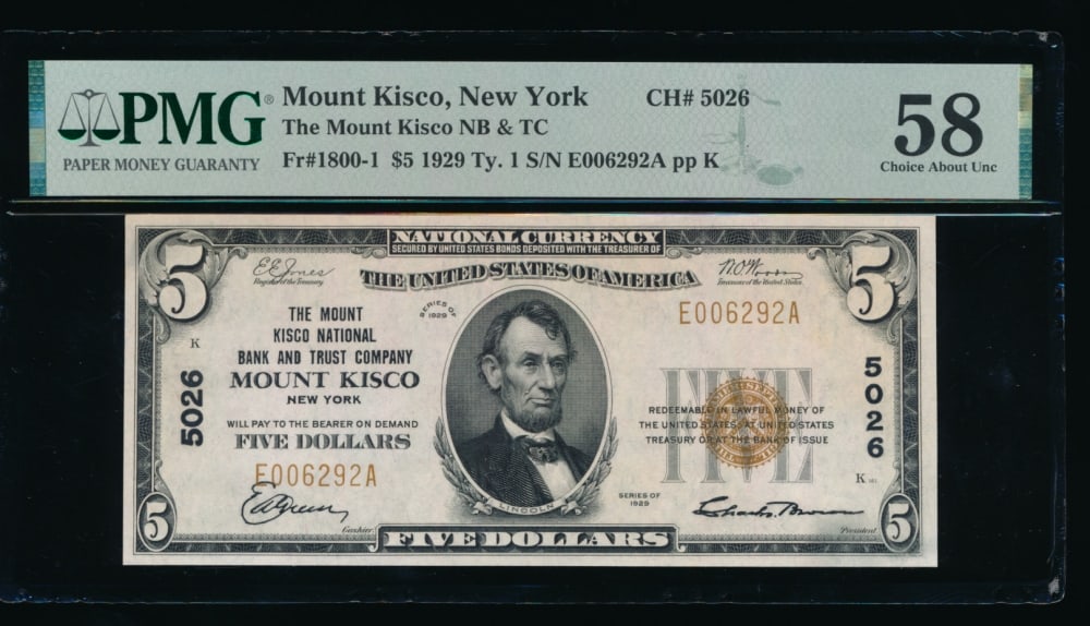 1929 $5 Mount Kisco NY National PMG 58: One 1929 $5 Mount Kisco NY National PMG 58.