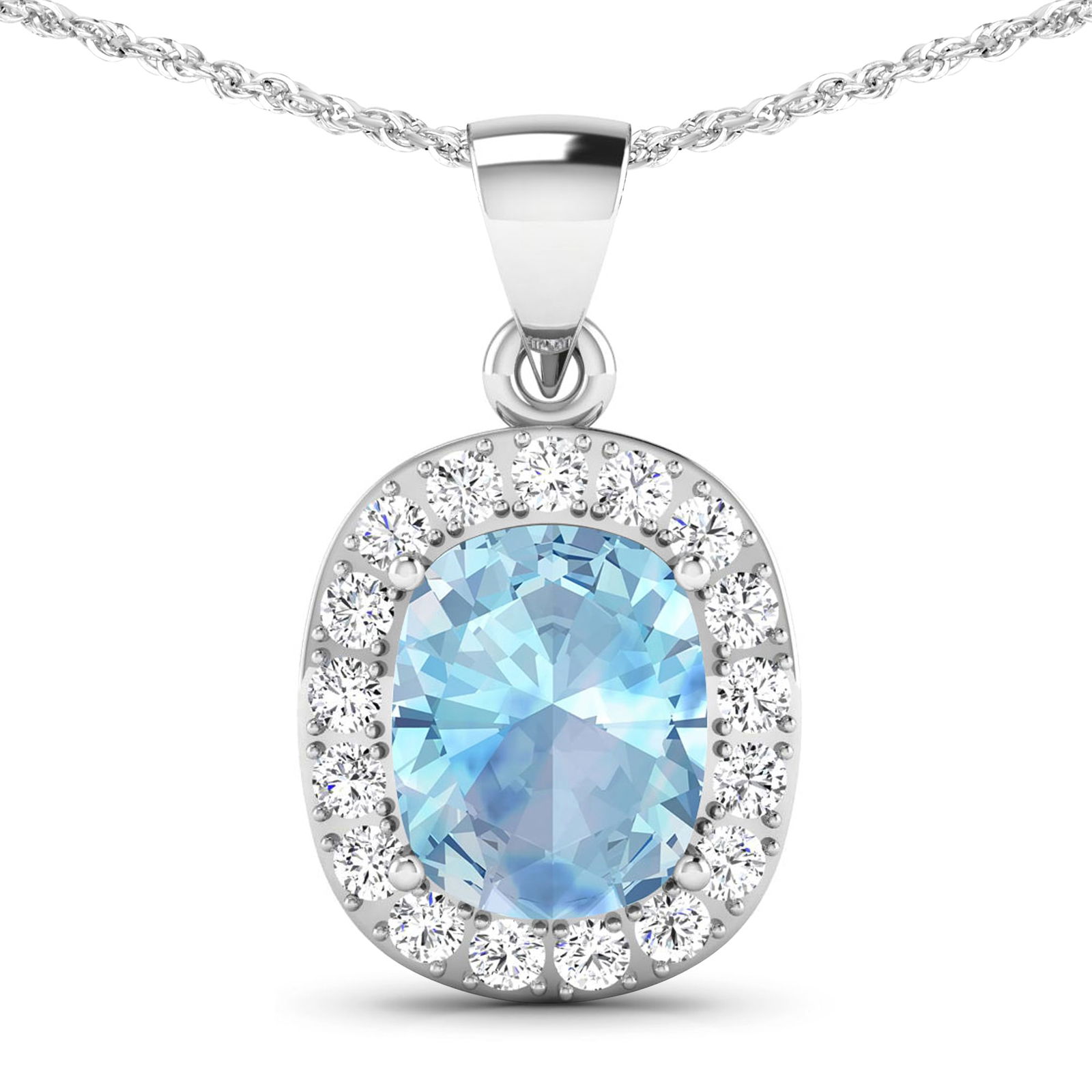 14KT White Gold 3ctw Aquamarine and Diamond Pendant: Aquamarine Cushion 10x8mm - 1Pc + White Diamond F/C Round 2.00mm - 17Pcs ( Diamond Quality : SI-2/HI ) Total weight of gemstone is 3cts. Total Diamond weight is 0.51cts. Total weight of this pendant