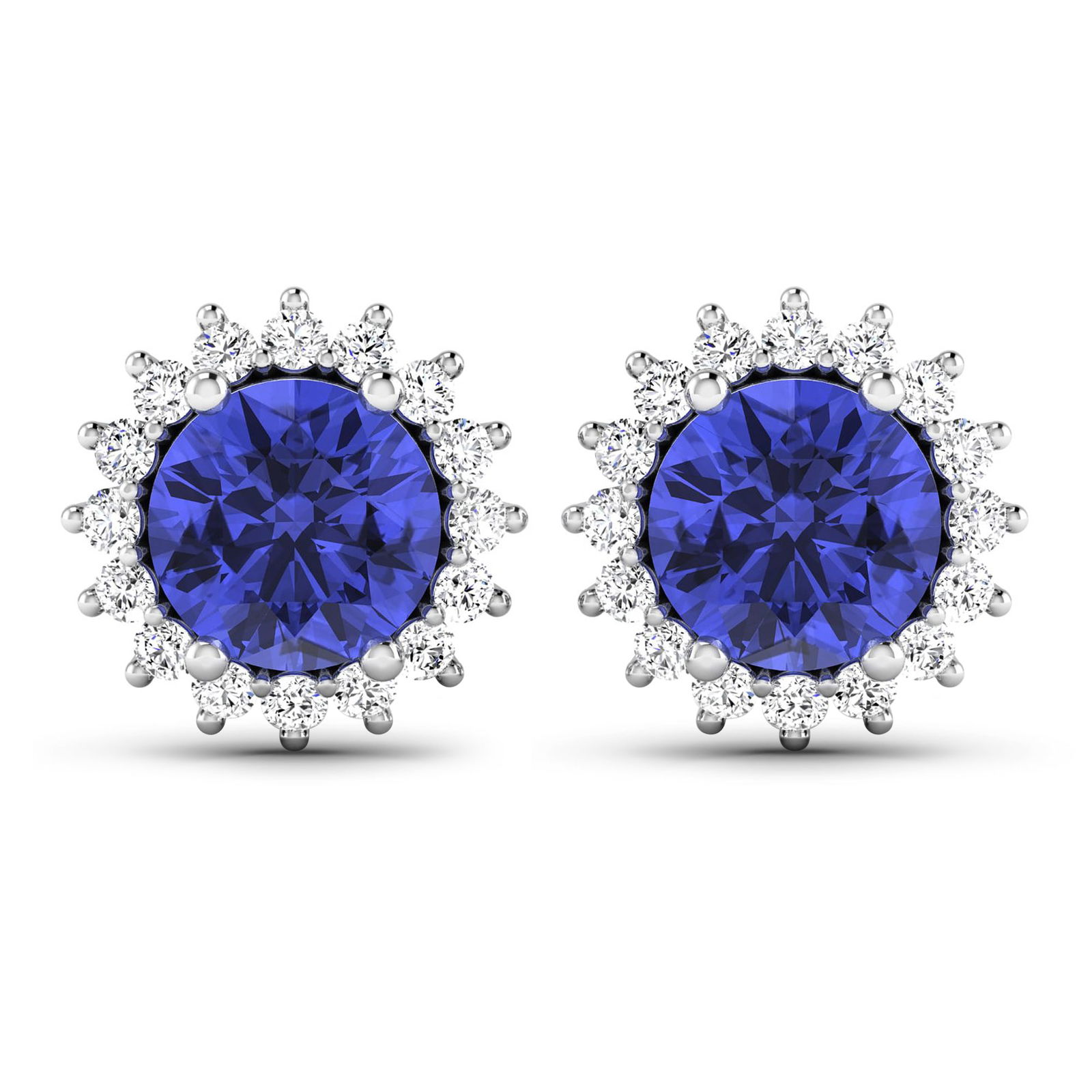 14KT White Gold 1.44ctw Tanzanite and Diamond Earrings: Tanzanite (AA+) Round 6.00mm - 2Pcs + White Diamond F/C Round 1.30mm - 32Pcs ( Push-Post ) ( I1-I2/I color ) Total weight of gemstones is 1.44cts. Total Diamond weight is 0.32cts. Total weight of