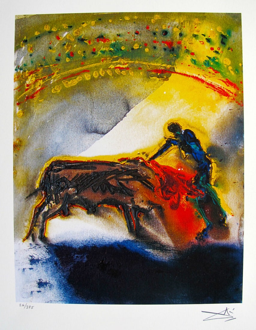 Salvador Dali THE BULLFIGHT Facsimile Signed & Numbered Giclee: This is a limited edition giclee titled Tauromachia I or The Torero Kill Third And Final Round Of The Bullfight by Salvador Dali. This piece is facsimile signed on the lower right. Pencil numbered