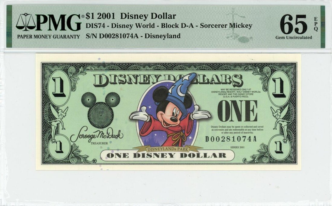 2001 $1 Sorcerer Mickey Disney Dollar PMG 65EPQ: One 2001 $1 Sorcerer Mickey Disney Dollar PMG 65EPQ.