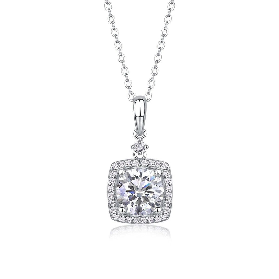 Sterling Silver 2ct Moissanite Pendant with Chain: Round Moissanite stone with a total weight of 2cts with a color of D and a clarity of VVS1. This Fire Moissanite is complimented mounted in .925 solid sterling silver with 14 Kt White Gold Overlay, wh