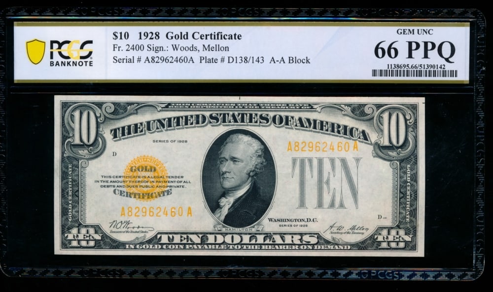 1928 $10 Gold Certificate PCGS 66PPQ (1 of 2)