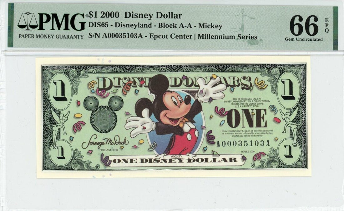 2000 $1 Mickey Millennium Disney Dollar PMG 66EPQ (1 of 2)