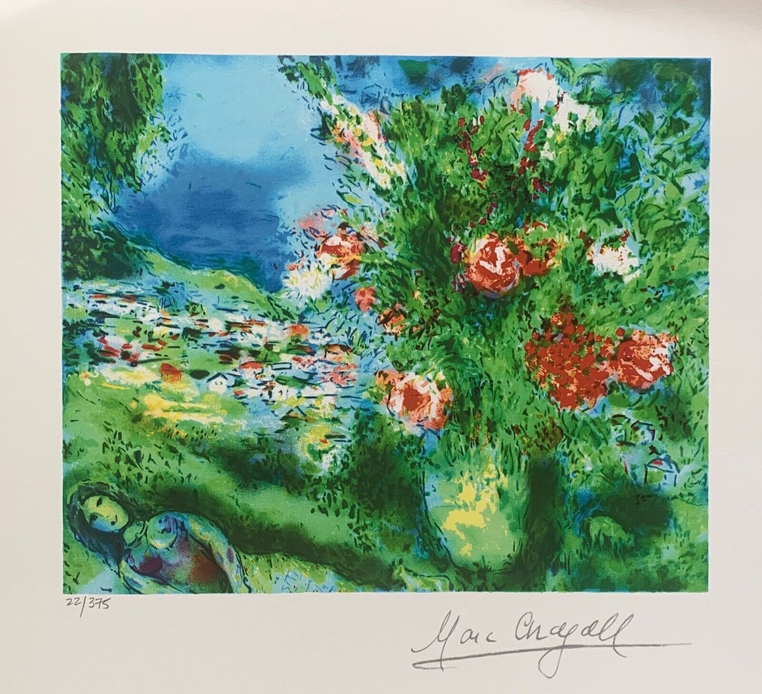 Marc Chagall PAYSAGE Limited Edition Facsimile Signed Giclee Art: This is a Marc Chagall limited edition large giclee titled PAYSAGE. This giclee is facsimile signed on the lower right and is pencil numbered on the lower left from an edition of 375. Image measures