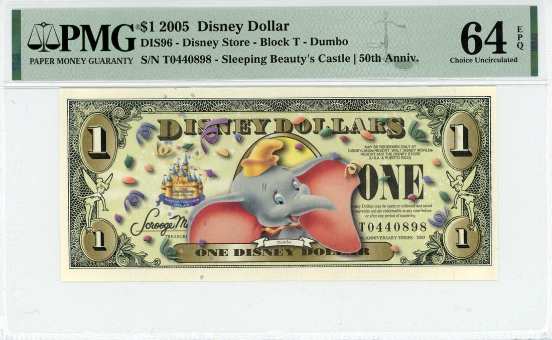 2005 $1 Dumbo Disney Dollar PMG 64EPQ: One 2005 $1 Dumbo Disney Dollar PMG 64EPQ.