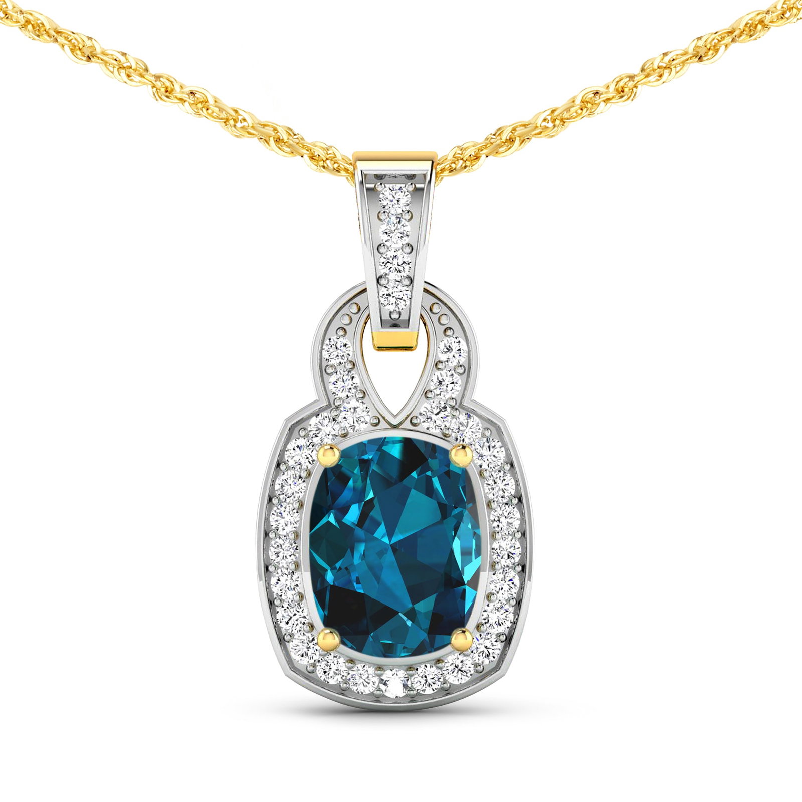 14KT Yellow Gold 1.95ctw London Blue Topaz and Diamond Pendant: London Blue Topaz Cushion 9x7mm - 1Pc + White Diamond F/C Round 1.20mm - 31Pcs ( White Pan Rhodium ) (SI2/HI color) Total weight of gemstone is 1.95cts. Total Diamond weight is 0.25cts. Total weight o