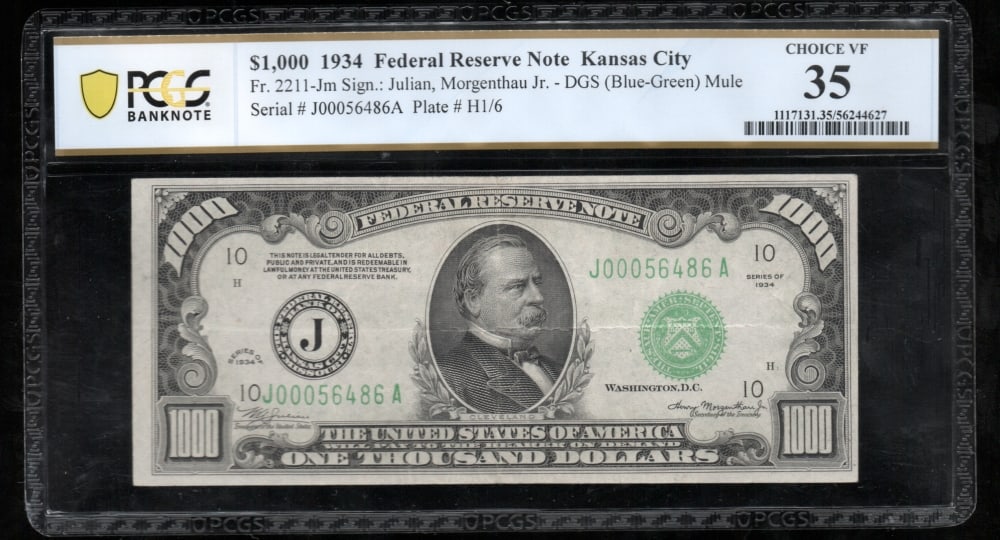 1934 $1000 Kansas City FRN PCGS 35 (1 of 2)