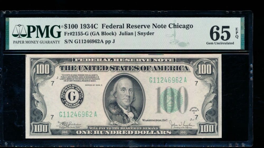 1934C $10 Chicago FRN PMG 65EPQ: One 1934C $10 Chicago FRN PMG 65EPQ.